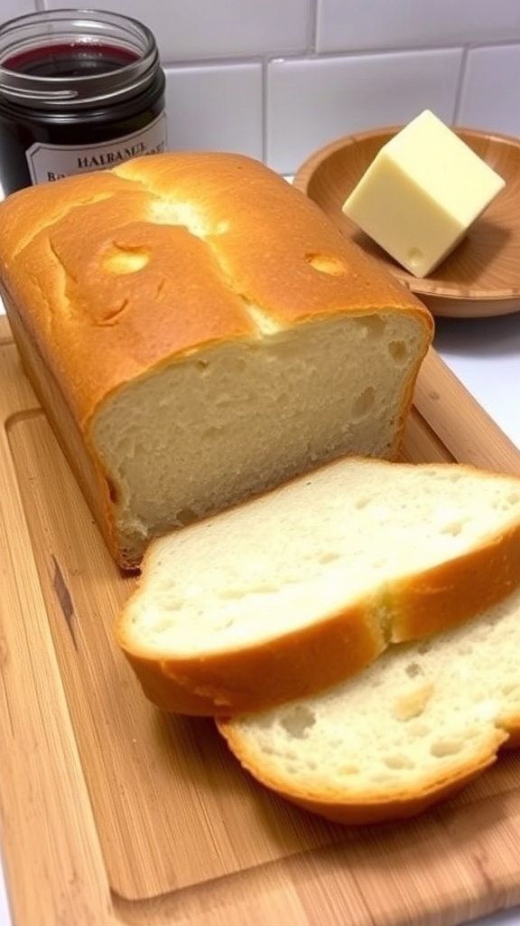 Freshly baked sandwich bread loaf sliced on a wooden board with jam and butter in the background.